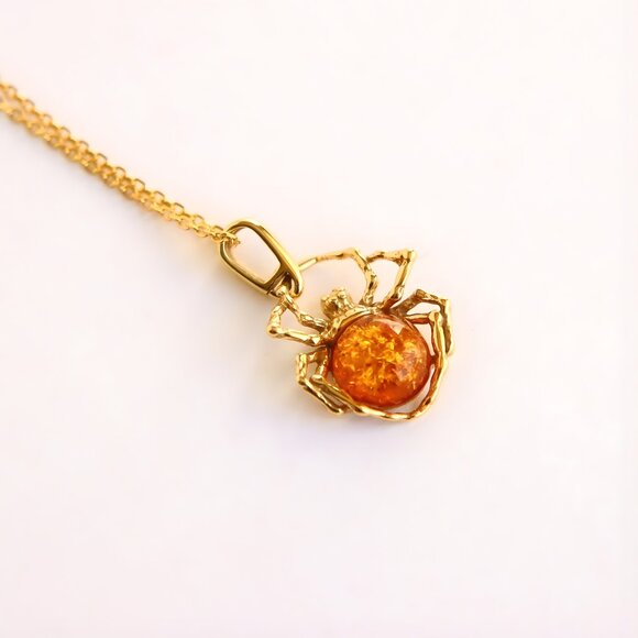 Gold Spider Amber Necklace -14k Gold Plated Sterling Silver - Picture 1 of 4